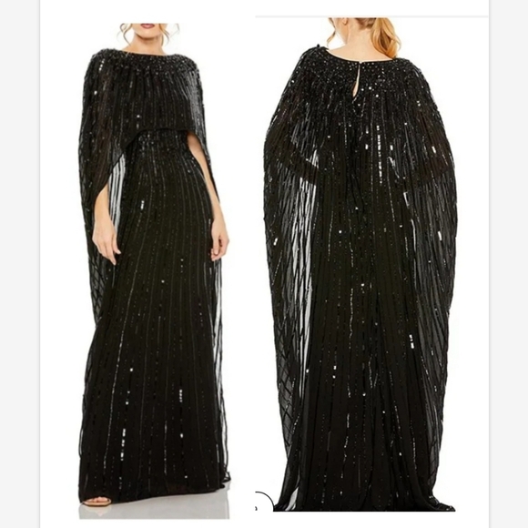 Mac Duggal Style 14523 Mesh Cape Gown With Beaded Detail Dress